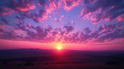 Vibrant Sunset Over Rolling Hills and Pink Clouds