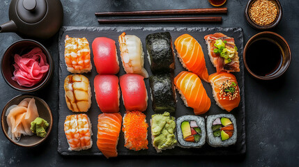 Variety of sushi served on a stone platter in a Japanese restaurant