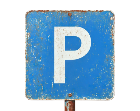Blue parking sign with weathered texture, isolated on transparent cutout background