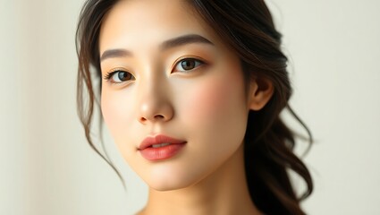 Naklejka premium Radiant Asian Woman with Fresh Skin – Beauty, Skincare, and Spa Portrait