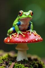 Naklejka premium funny frog perched on a mushroom, frog, fungi, humor