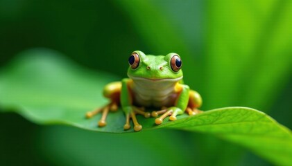 Naklejka premium Funny green frog on a big green leaf , cartoon, humor, green frog
