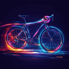 Fototapeta premium Illuminated Velocity: A sleek bicycle streaks through the darkness, its form defined by trails of radiant, multicolored light, epitomizing speed and technological prowess.