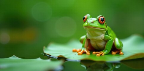 Naklejka premium funny green frog perched on a lily pad , water, greenfrog, outdoor