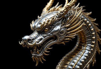 Detailed silver metal dragon head. Decorative gargoyle in gold. Chinese dragon statue on black background. AI generated AI Generated