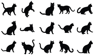 A set of group Cat Vector silhouette, Cat Different type of pose vector silhouette, isolated white background