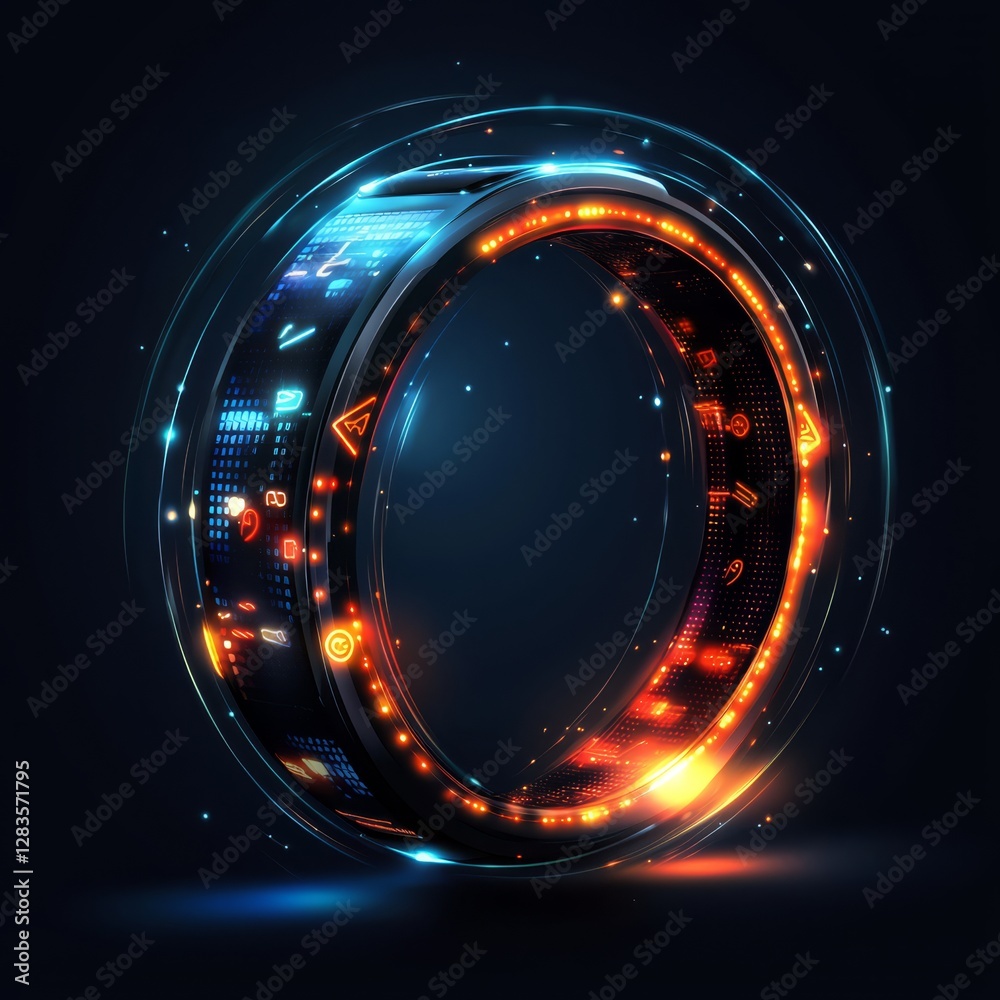 Poster futuristic interface ring: a dynamic and glowing interface ring pulses with data streams and hologra