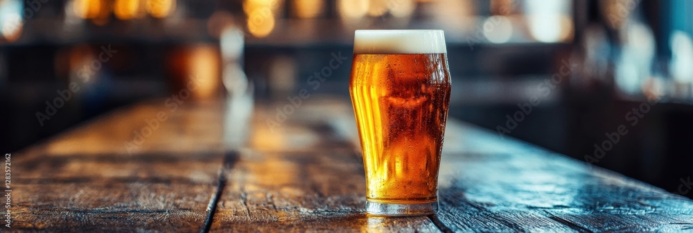 Aufkleber refreshing cold beer served in a glass on rustic wooden table in a vibrant bar atmosphere during eve