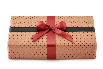 A beautifully wrapped gift box with peach polka dot paper and red satin ribbon, perfect for any occasion.