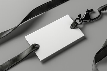 A blank white ID badge hanging from a sleek black strap, set against a smooth gray background.