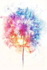 A vibrant and artistic portrayal of a dandelion puff, featuring a blend of soft colors and ethereal shapes.