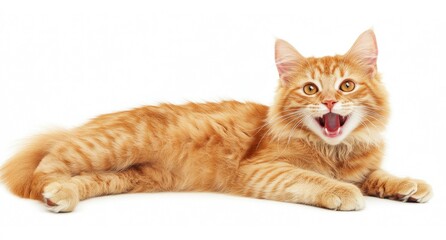 Obraz premium Cute ginger cat isolated on a white background, with an open mouth and a funny expression. This stock photo was the winner of a contest, 