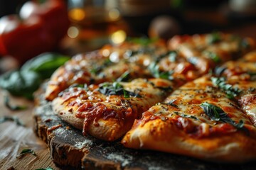 Cheesy Pizza on a background with copy space. Pizza. Cheesy Pizza with Melted Mozzarella and a Crispy Crust, Flavorful and Gooey Pizza Isolated on Background with Copy Space. Pizza Four Cheese.