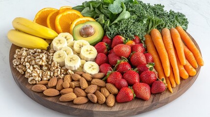 Colorful fruit & nut platter on wooden board. Healthy food photography for recipe blogs