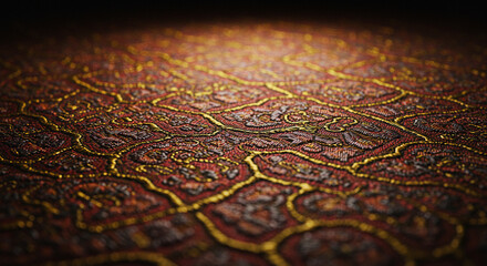 Naklejka premium A close-up of a richly embroidered textile featuring intricate golden patterns on a deep red fabric.