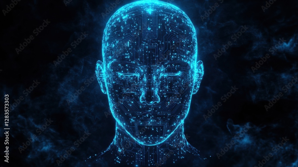 Poster Silhouette of a human head with detailed circuit board and glowing lines representing futuristic AI design. Generative AI