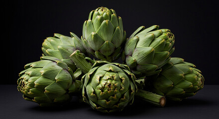 Fototapeta premium Cluster of artichokes on a black background