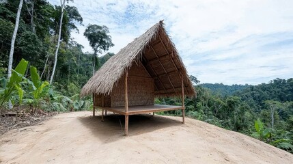 Tropical Thatch Hut in Rainforest Landscape