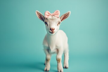 Obraz premium cute white baby goat wearing a pink bow on its head standing on a soft teal background