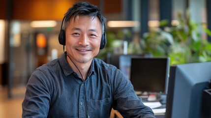 Obraz premium Smiling agent, headset, office, support, computers