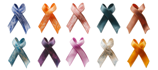  A set of cancer awareness ribbons in different colors, each representing one type of cancer, isolated on a transparent background PNG