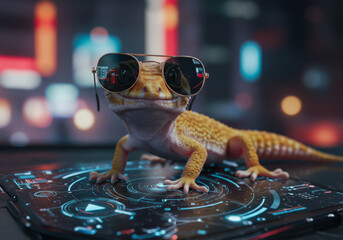 Leopard gecko wearing sunglasses standing on futuristic device surface