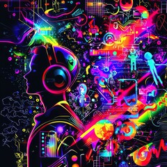 A Symphony of Tech: A silhouette of a person immersed in a vibrant, electric world of sound and technology, with an explosion of neon colors representing the digital experience.