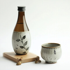 Traditional sake cups and bottle on a white background