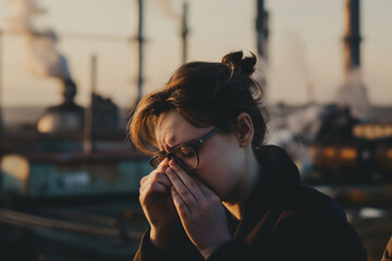 Young woman with glasses covering nose outdoors by factory at sunset