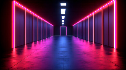 Fototapeta premium Neon Corridor: A futuristic corridor bathed in vibrant neon lights, creating a sense of depth and leading the eye towards a mysterious doorway.