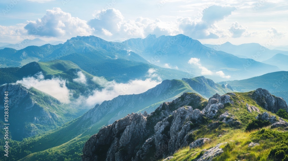 Aufkleber Majestic mountain range with lush greenery and misty clouds under a bright sky in the early morning hours. Generative AI
