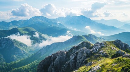 Majestic mountain range with lush greenery and misty clouds under a bright sky in the early morning hours. Generative AI