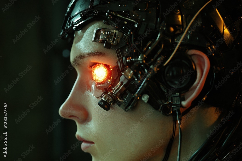 Aufkleber Side profile of a human head with robotic features and glowing eye in a futuristic setting. Generative AI