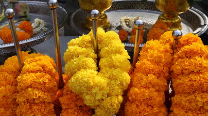 Marigold garland for worshiping sacred beings according to Buddhist, Brahmin, and Hindu beliefs