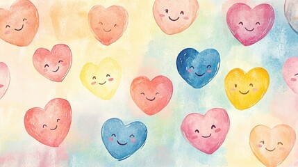 Colorful watercolor hearts with cheerful faces on a soft pastel background for a joyful atmosphere. Generative AI