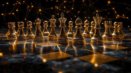 Golden chess pawns network connecting on marble surface