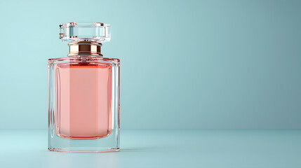 Elegant perfume bottle display on soft blue background product photography minimalist style close-up view