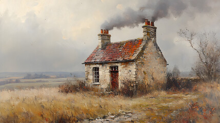 Fototapeta premium Serene Cottage: A cozy cottage exudes warmth and tranquility, its stone facade weathered by time, smoke curling lazily from the chimney, nestled amidst a serene landscape of fields under a cloudy sky.