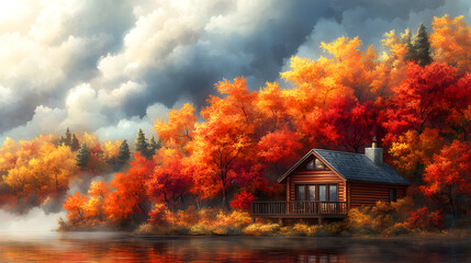 Autumn Cabin by the Lake: A cozy cabin nestles serenely amidst a vibrant display of autumnal colors, overlooking a tranquil lake under a dramatic, cloudy sky.