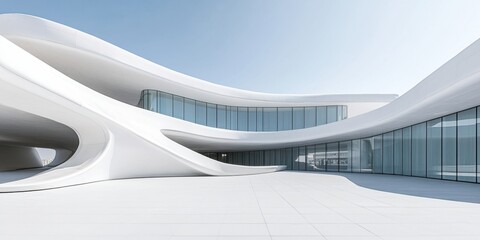 Modern white architecture building with curved walls and glass windows on sunny day