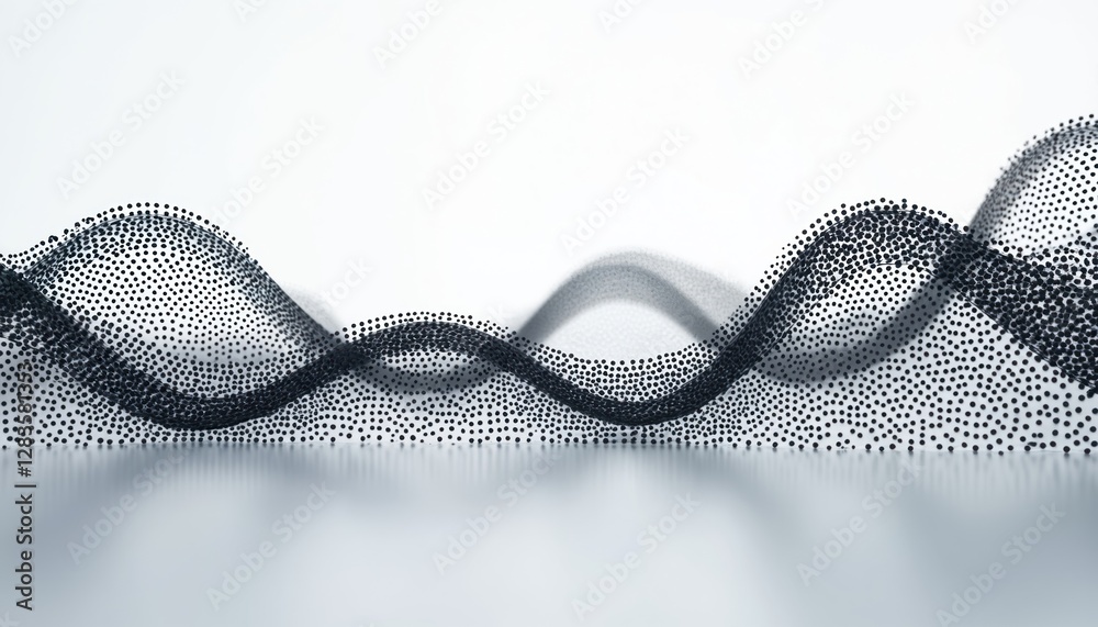 Aufkleber Abstract 3D wave consists of black dots forming dynamic flow. Digital artwork on white background represents motion, connection. Futuristic pattern, modern tech, elegant design, minimalist style