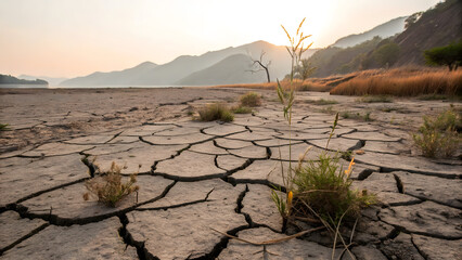 Drought impact on ecosystem dry lakebed environmental photography natural landscape ground perspective pollution effects