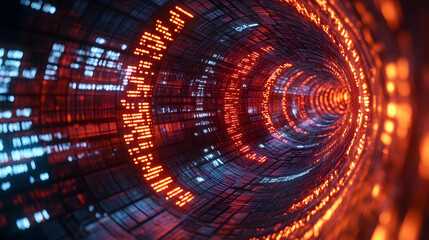Obraz premium Cybernetic Passage: A mesmerizing visual exploration of a data tunnel, characterized by pulsating light and digital data streams. A metaphor for technology, data flow, and the digital age.