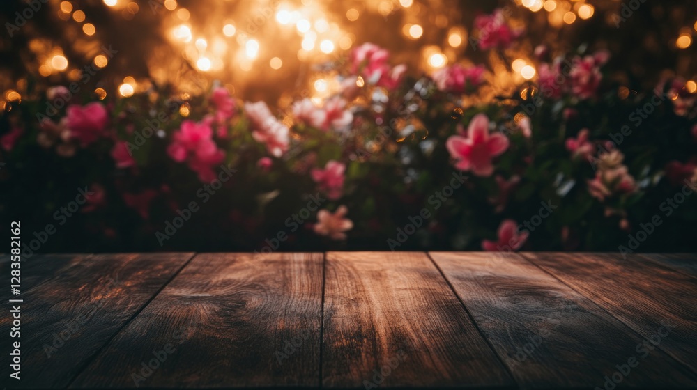 Aufkleber An empty wooden table stands ready for a cozy gathering, framed by a softly blurred array of colorful flowers glimmering in the enchanting evening light, evoking warmth and intimacy