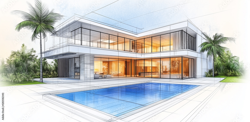 Wall mural 연필로 그린 2층 주택 앞에는 풀장이 있고, 노을이 보인다. in front of the two-story house drawn in pencil, there is a pool a