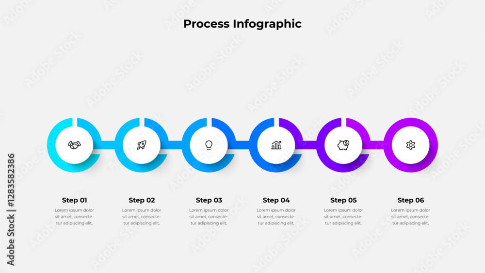 Poster Clean and modern infographic six steps connected with a gradient line and icons. Perfect for presentations, process illustrations, or project planning