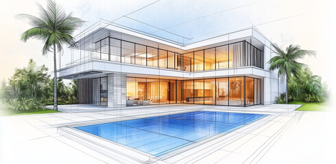 연필로 그린 2층 주택 앞에는 풀장이 있고, 노을이 보인다.

In front of the two-story house drawn in pencil, there is a pool and the sunset is visible.