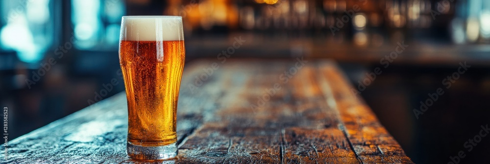 Poster craft beer served in a glass on a rustic wooden table at a lively bar during the evening. generative