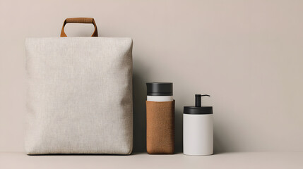 Naklejka premium Organized travel essentials minimalist backpack and bottles on neutral background modern lifestyle studio setting