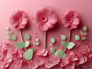 Three Large Pink Paper Flowers with Green Leaves on a Soft Pink Background

